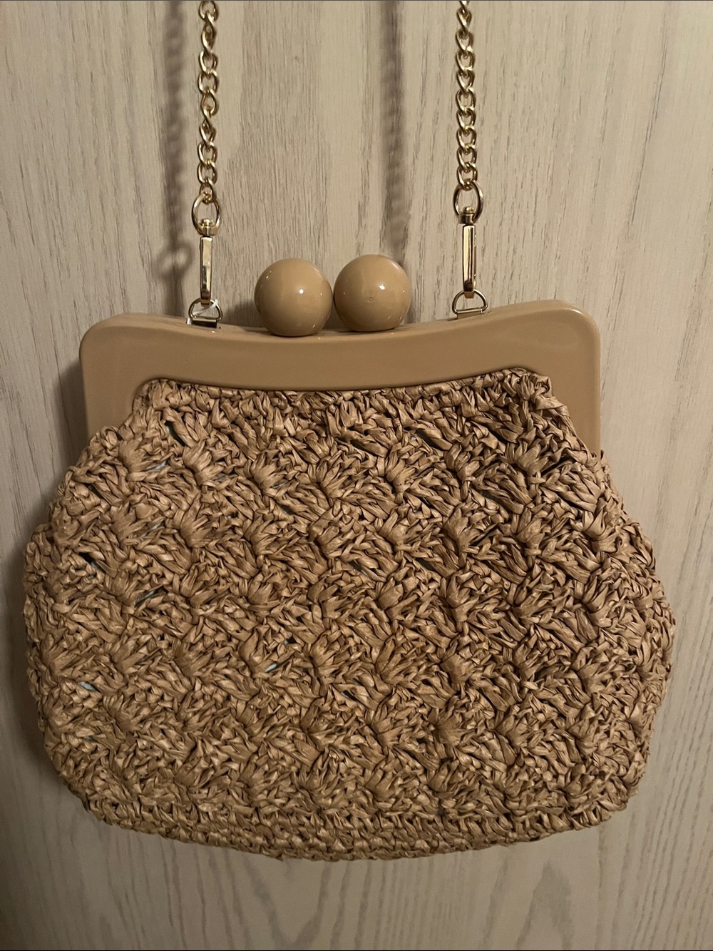 Urban Expressions Beige Woven Frame Clutch Bag with Gold Chain